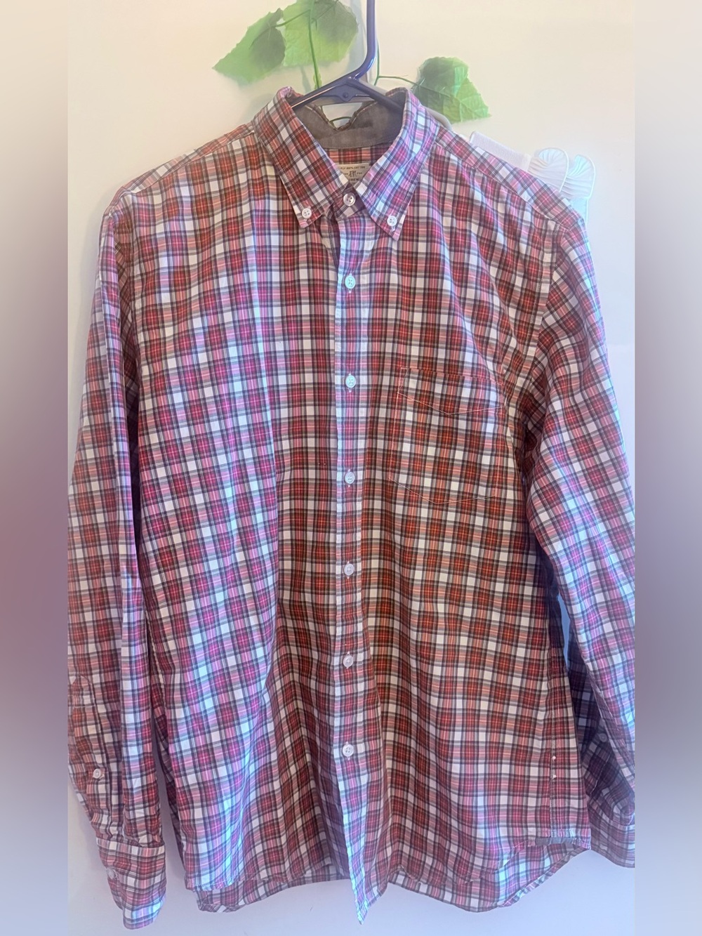 J. Crew Men's Red and White Plaid Button-Down Shirt